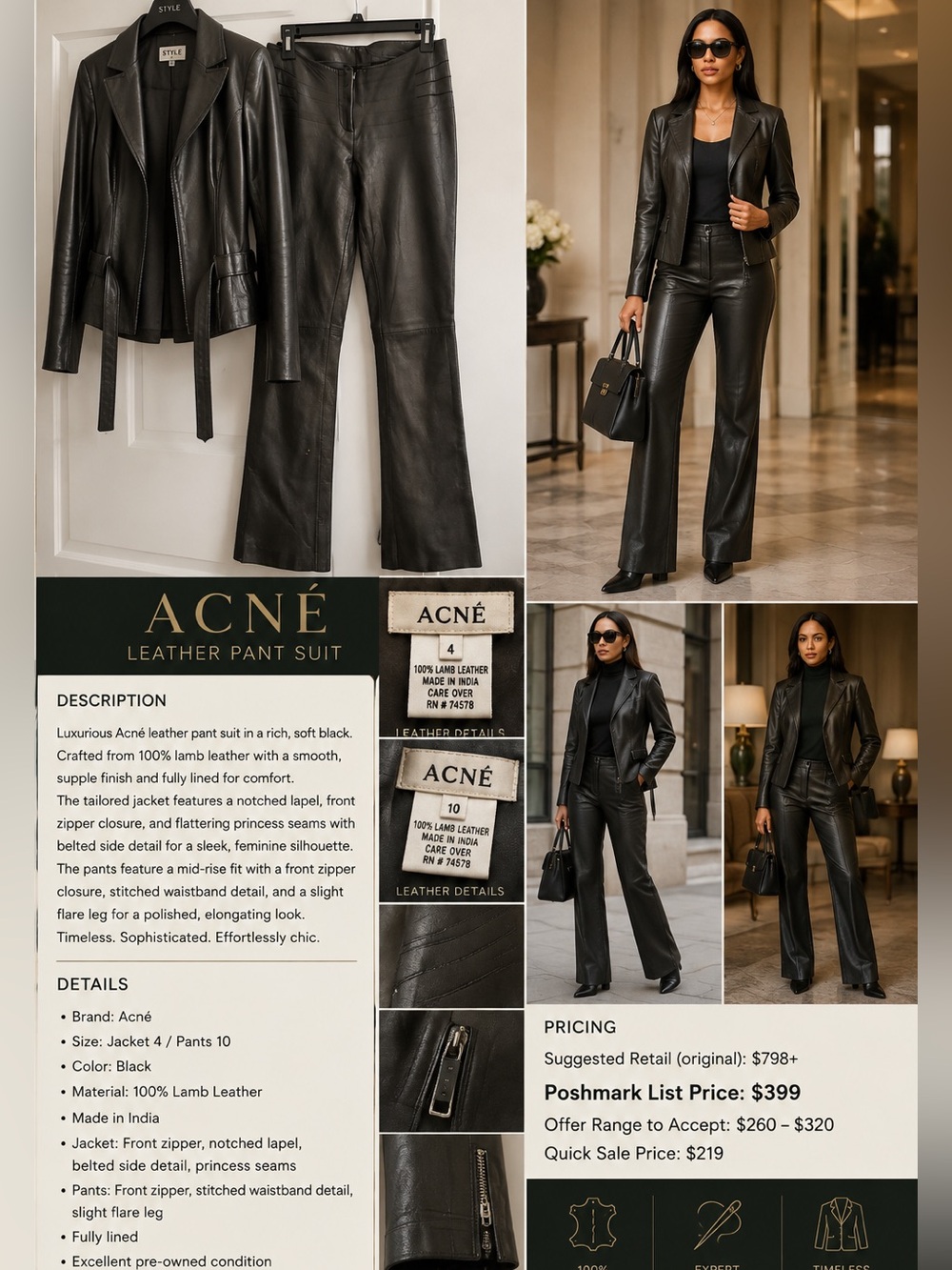 Acne Black Leather Flared Pants